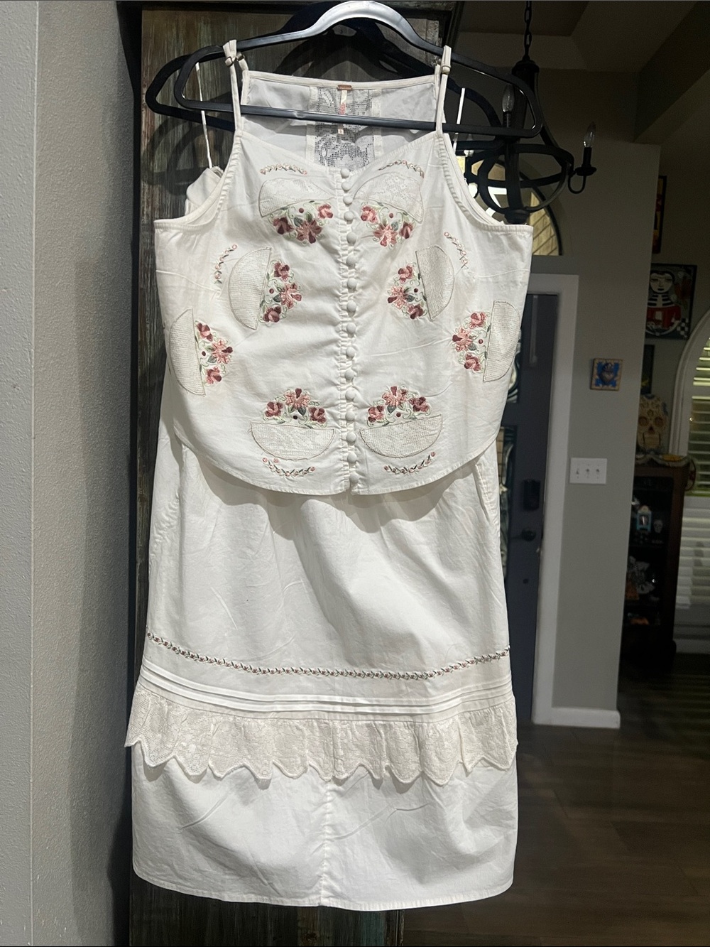 Free People White Embroidered Maxi Dress with Pink Floral Accents. Two piece .